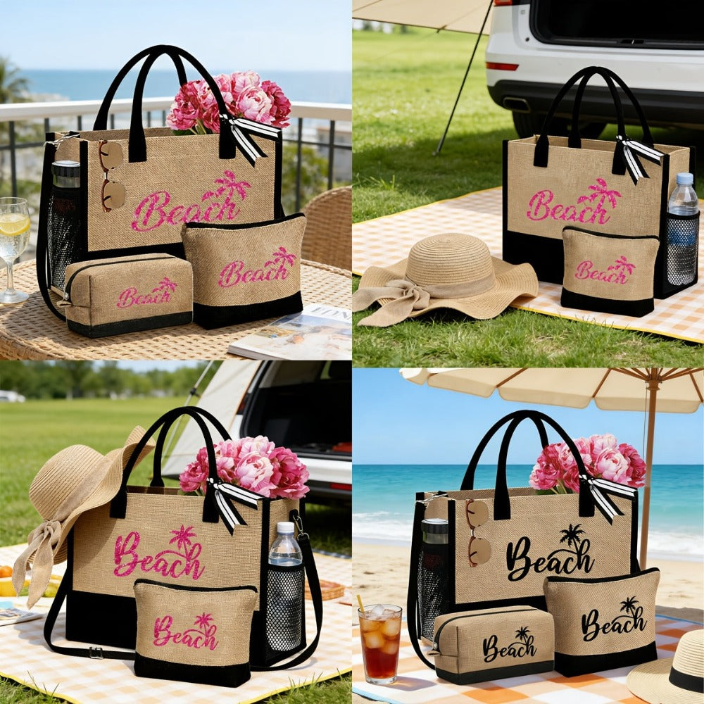 Bolso de Playa para Mujer, con un Diseño Moderno de "Beach" y Sombrero de Playa, Ideal para Vacaciones en la Playa y Bodas al Aire Libre. Un Regalo Perfecto para Mujeres, Madres, Estudiantes y para el Regreso a Clases