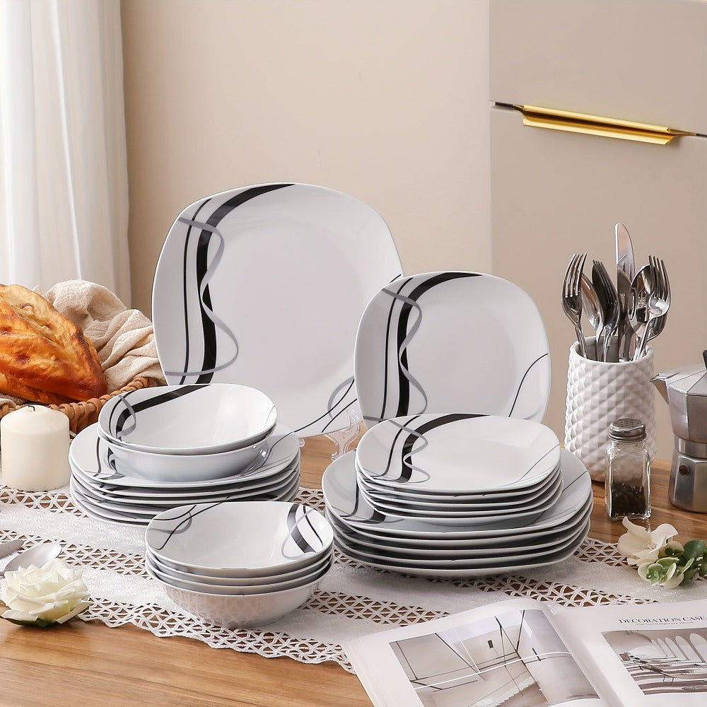Juegos de Comedor de 24 piezas, Juegos de Platos y Tazones, Juego de Comedor Redondo de 24 piezas para 6 personas, Juego de Platos Resistente a los Arañazos, Juegos de Platos Seguros para Lavavajillas y Microondas, Adecuaciones de Cocina de 24 piezas