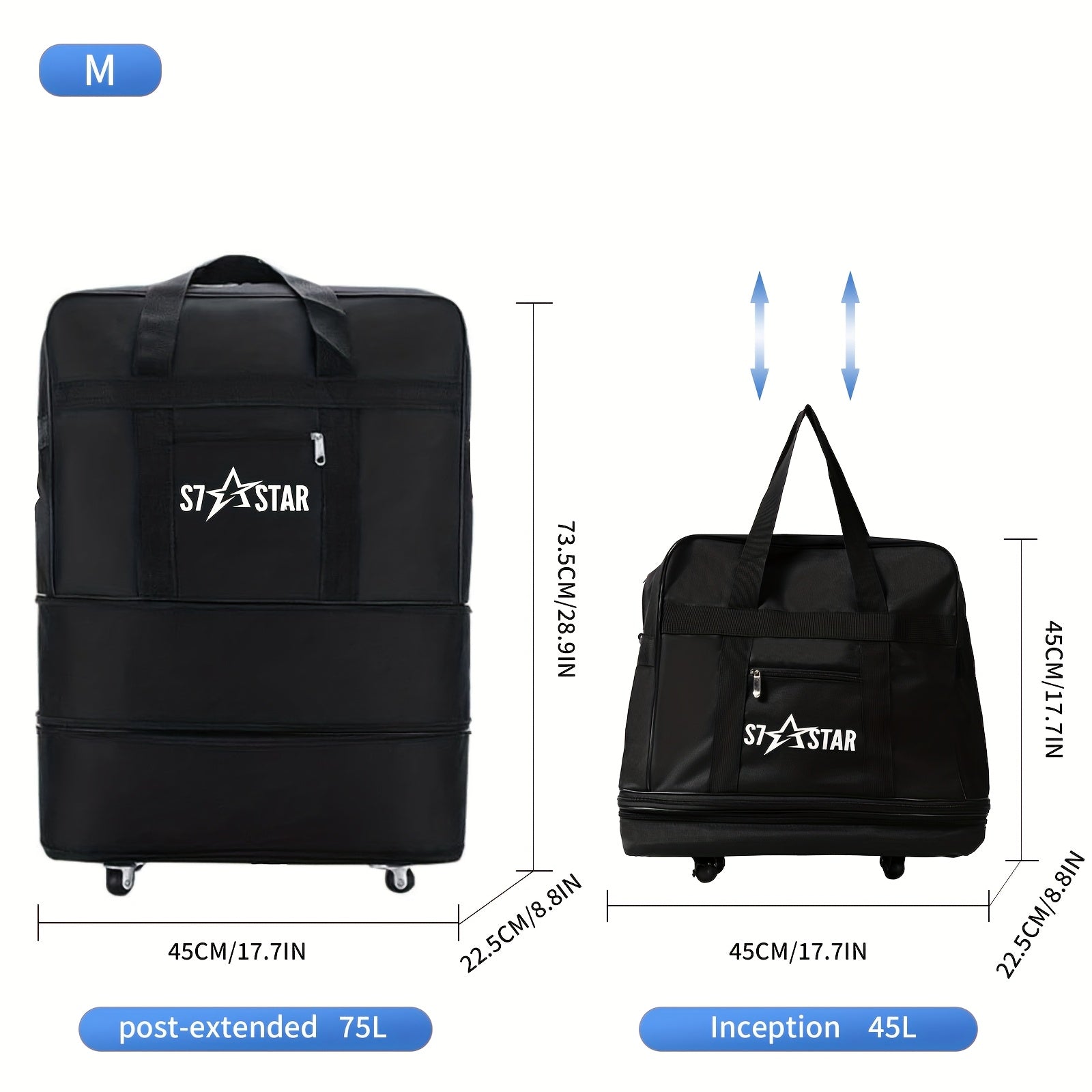 Bolsas de Viaje Extensibles de 4 Tamaños (50/70/100/150L): 3 Capas Ajustables, Ruedas con Rodillo, Plegables para Fácil Almacenamiento. Equilibran Flexibilidad y Portabilidad para Cualquier Viaje