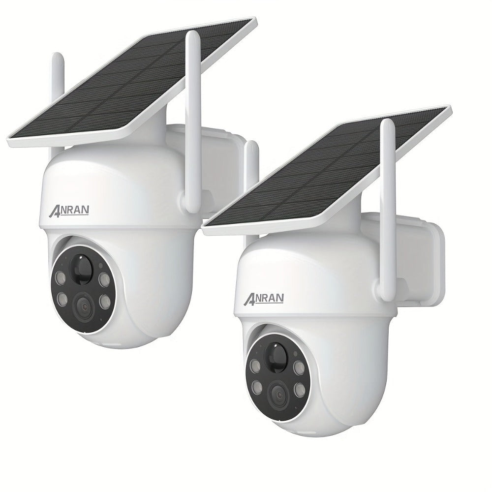 2 cámaras de seguridad solar ANRAN inalámbricas para exteriores, cámara WiFi 2.4G para seguridad del hogar con panel solar fijo, PTZ 360° para vigilancia doméstica, detección de humanos PIR, visión nocturna en color, comunicación bidireccional, color blan