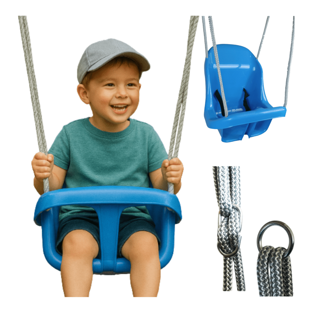 Colgacama tipo cubo para niños con cinturón de seguridad y cuerdas ajustables, asiento con respaldo alto y protección lateral, polipropileno duradero resistente a las condiciones climáticas y radiación UV, colgacama fácil de limpiar para el jardín, terraz