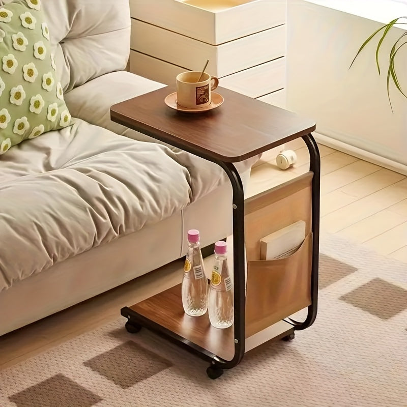 Mesa Auxiliar de Sofá de Doble Capa, Mesa de Sofá Compacta que Ahorra Espacio, Mesa Rodante con Bolsillo Lateral, Adecuada para una Sala de Estar con Ruedas Giratorias de 360 Grados en un Diseño en Forma de C