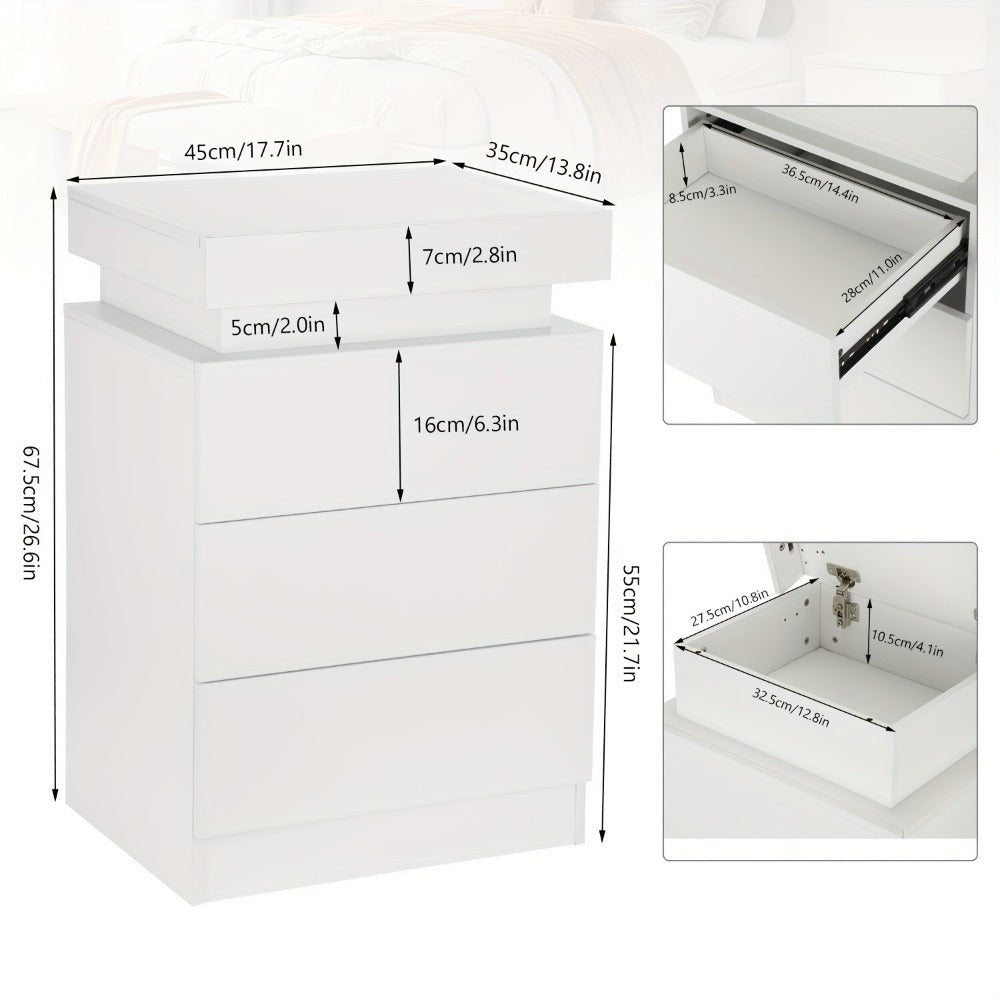 Mesita de noche LED con 3 cajones y 1 cajón superior, mesita de noche con brillo intenso en 4 lados, colores LED RGB, mesita de noche para dormitorio, sala de estar, muebles para el hogar, blanco