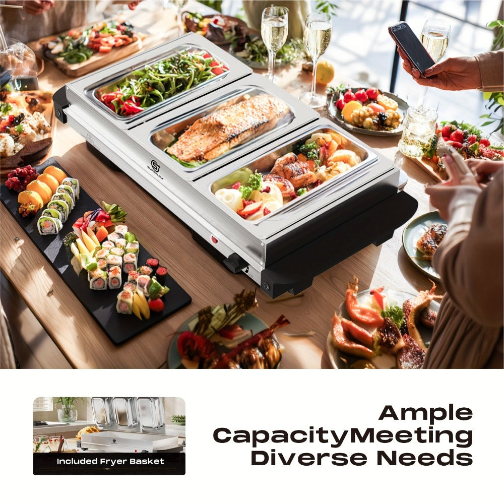 SUPERLEX Servidor Eléctrico de Bufé con Calentador de Comida, que Cuenta con Tres Ollas de 1.5L, un Diseño Espacioso de Acero Inoxidable, una Placa Caliente con Tapas Desmontables, Ajustes de Temperatura Ajustables y un Bandeja de Calentamiento Portátil p