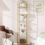 Estantería, Librero de Vidrio Templado, Unidad de Estantería Delgada para Dormitorio, Baño, Oficina en Casa, Estructura de Acero, 6 Estantes Dorados, Estantes