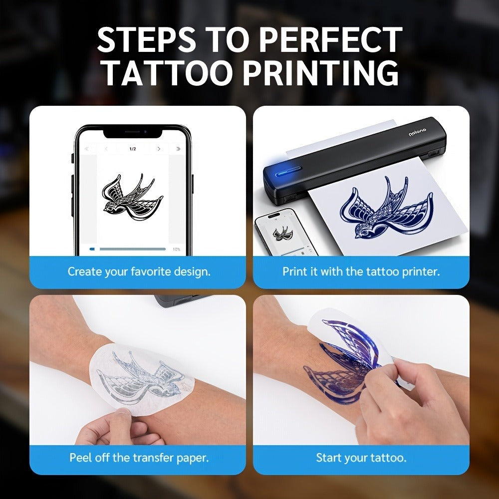 Impresora copiadora portátil de tatuajes D810 - Adecuada para práctica y diseño personal, aplicación con galería de plantillas, incluye 10 hojas de transferencia.