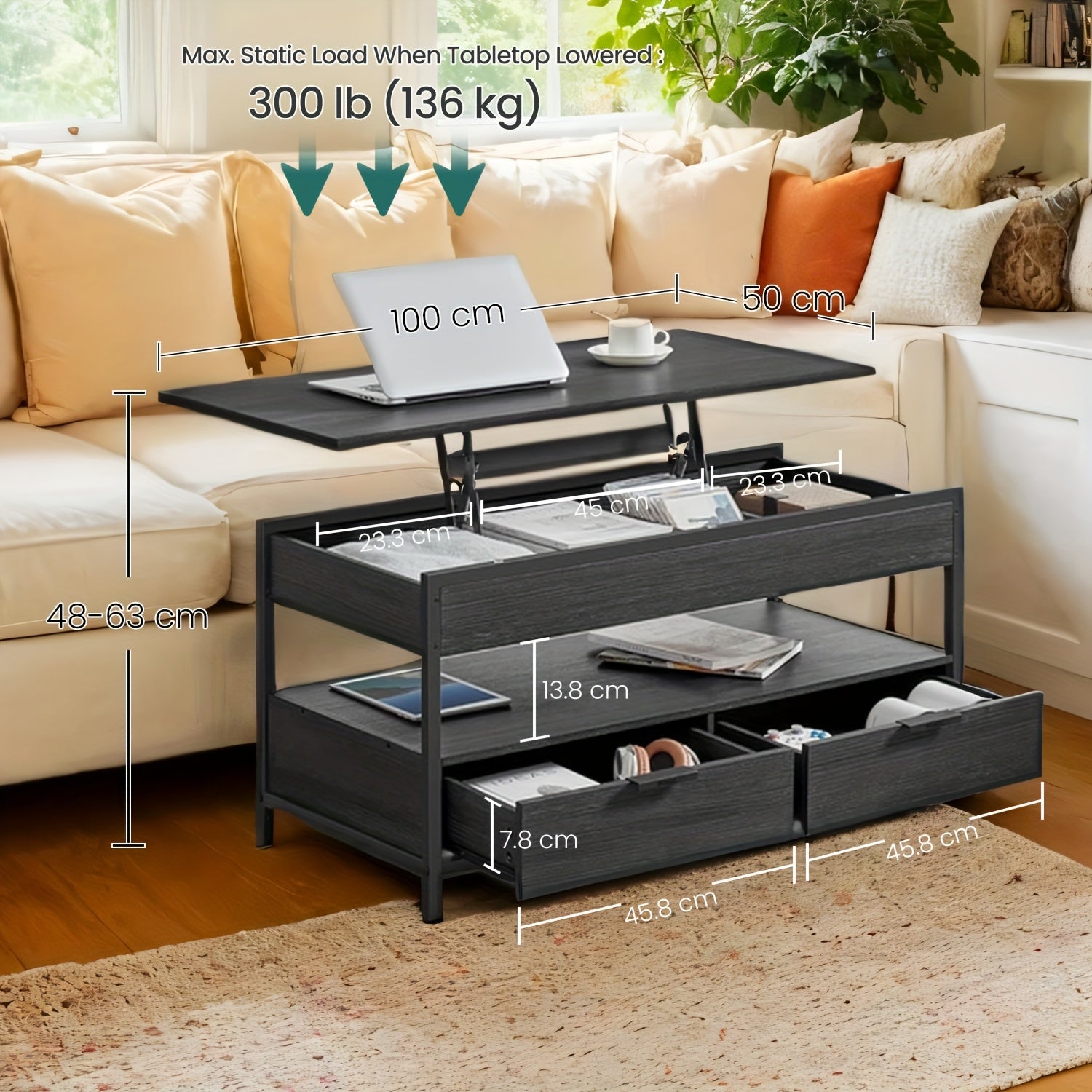 Mesa de Café con Tapa Elevable, Mesa de Sala, con Cajones de Almacenamiento, Compartimentos Ocultos y Estante Abierto