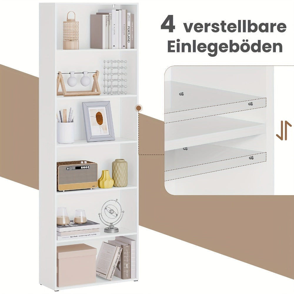 Estantería Ajustable de 6 Niveles | Estante de Almacenamiento Independiente Abierto, Estante de Partición, Adecuado para Oficina y Estudio, Roble Claro y Blanco, Dimensiones: 60x180x23.5 cm, Independiente, Requiere Montaje