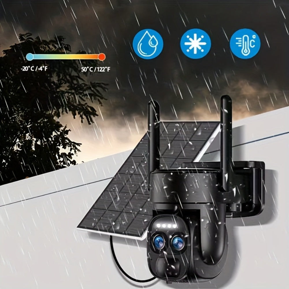 [10X Zoom] Cámara CCTV de bajo consumo con panel solar, batería, 360 grados, 2K FHD, Wifi, con alarme de foco, detección de movimiento, visión nocturna a color y audio bidireccional