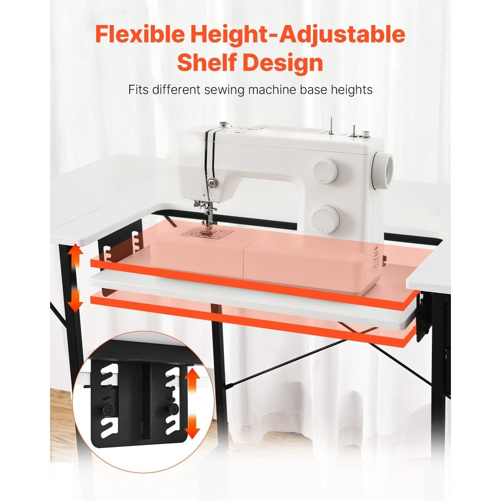 Mesa de Costura VEVOR, Mesa Multiusos para Máquina de Coser con Estante Lateral Plegable, Estante Ajustable, Patas de Acero, Escritorio para Computadora en Hogar, Estudio de Moda, Estudio de Arte, Institución Educativa, Blanco