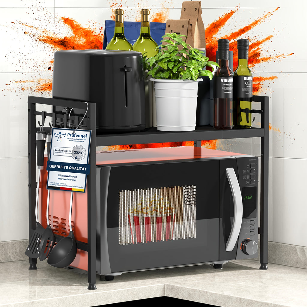 Estante Ajustable para Microondas, Estante de Cocina Expandible de 2 Niveles, Estante de Microondas de Acero al Carbono, Organizador de Almacenamiento de Cocina con 6 Ganchos, , Práctico Estante de Almacenamiento para Cocina, Estante Vertical para Especia