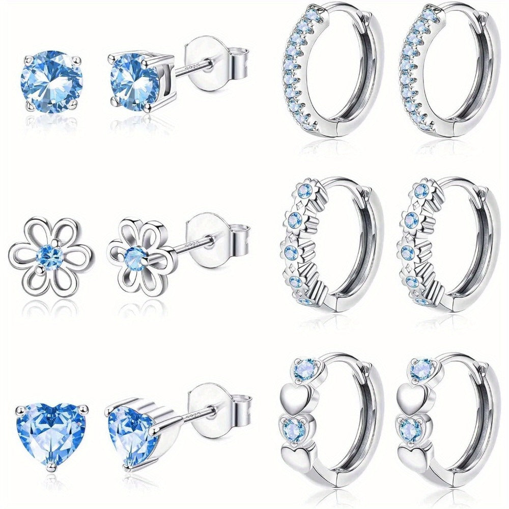 Set de 6 pares de aretes pequeños para mujer, pin de plata 925 hipoalergénico, aretes de cartílago tipo sleeper, aretes de flor, aretes de corazón, aretes de aro, set de aretes rosas, morados y azules para mujer