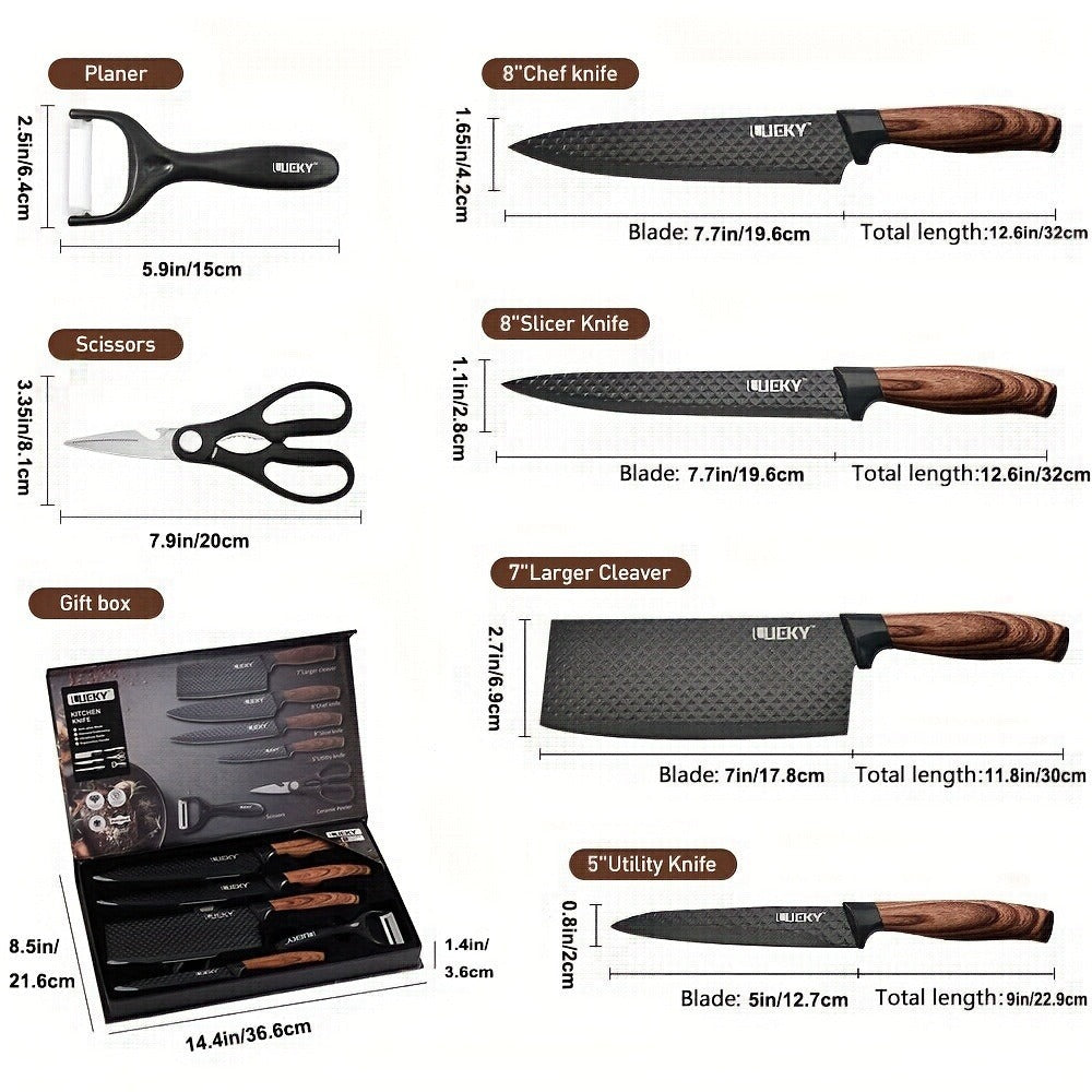 Un juego de 6 cuchillos de cocina para chef con hojas de acero inoxidable, famosos por su filo y durabilidad. Este juego incluye un mango ergonómico, tijeras y un pelador, todos resistentes al óxido y fáciles de mantener.
