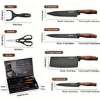 Un juego de 6 cuchillos de cocina para chef con hojas de acero inoxidable, famosos por su filo y durabilidad. Este juego incluye un mango ergonómico, tijeras y un pelador, todos resistentes al óxido y fáciles de mantener.