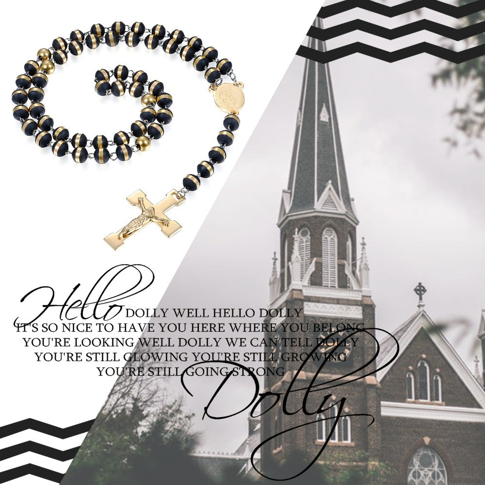Collar de Rosario de 60 cm para Hombres y Mujeres con Colgante de Crucifijo Dorado de la Virgen María y Jesucristo - Cuentas Negras de Oración Religiosa, Cadena de Bolas para la Fe Católica, Uso Diario y Regalos de Navidad (Unisex)