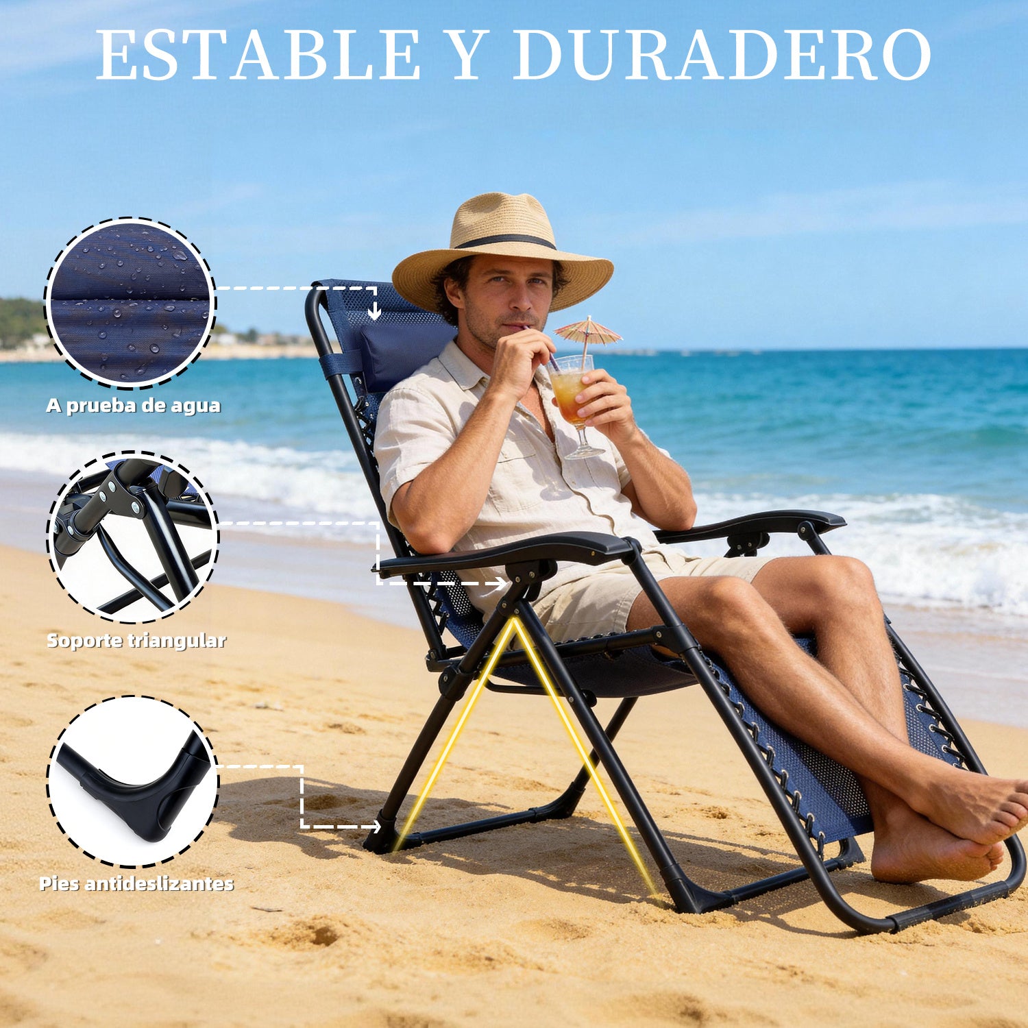 Tumbona Plegable Gravedad Cero Exterior, Silla Reclinable Ajustable Reforzada (Carga Máx 120kg), Portátil y Antideslizante para Jardín, Playa y Camping