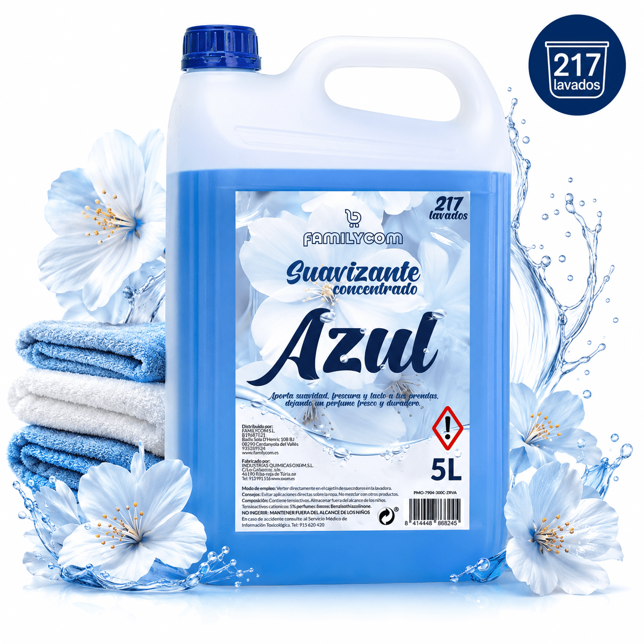 GrupoFamily. Suavizante Azul - Ropa Limpia- Suavizante Concentrado para la Ropa - Frescor intenso y duradero - 217 lavados - 5 litros