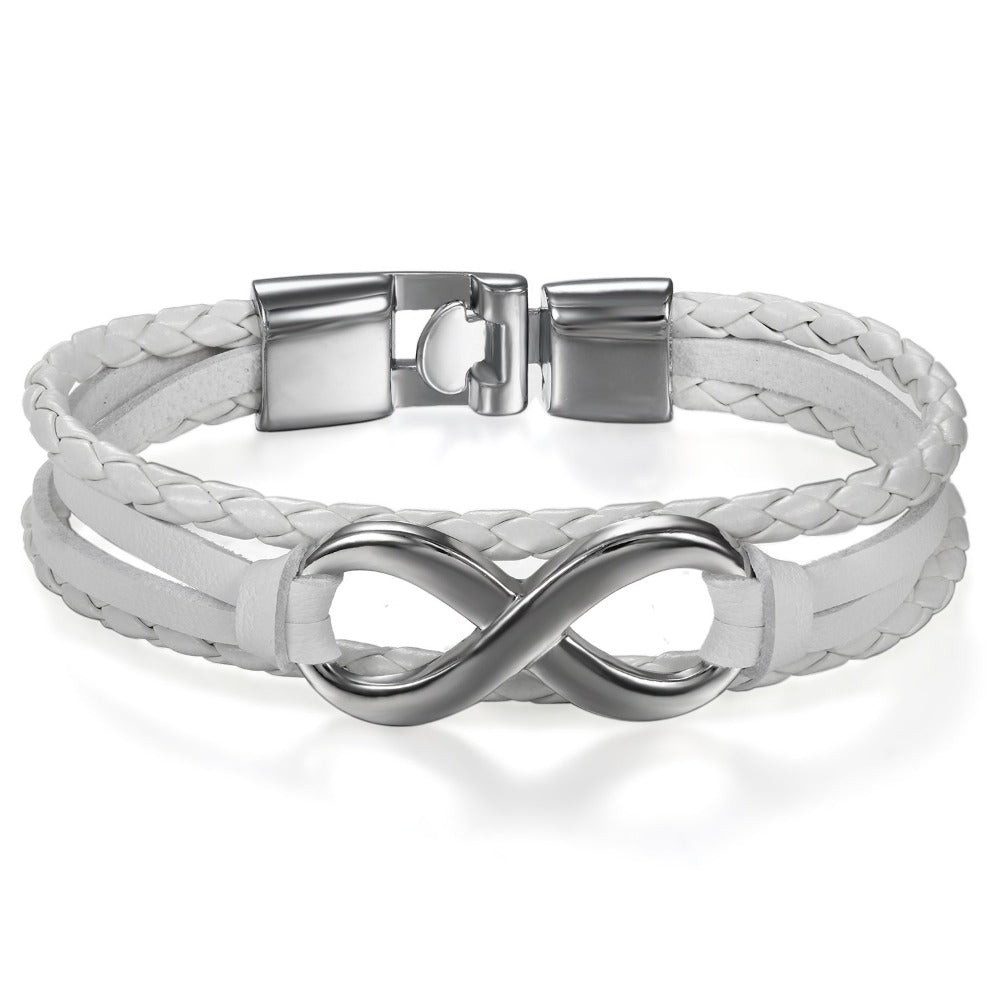Pulsera de Cuero PU Trenzado con Símbolo Infinito para Hombres y Mujeres - Brazalete en Forma Infinity, Estilo y Blanco Regalo Joyería Unisex Para Boda/Aniversario/Accesorio Punk (Sin Metal, Uso Todo el Año)