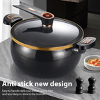 Olla Grande de 28 cm con Tapa de Cierre - Olla Versátil para Sopas y Estofados Rápidos, Compatible con Estufas de Gas, Diseño Elegante en Negro y Dorado, Tapa de Vidrio, Opciones Multicolor de Moda - Regalo Ideal para el Hogar