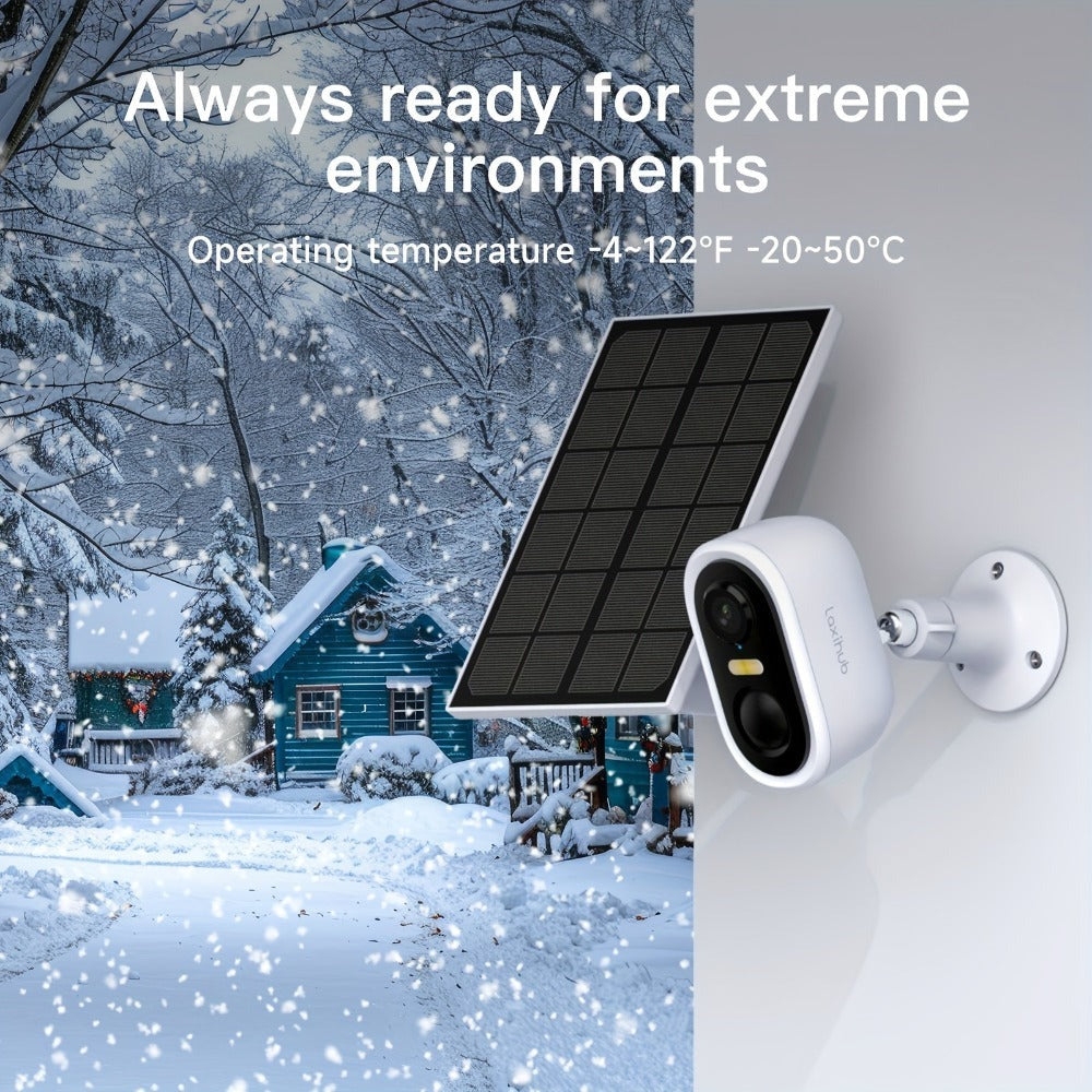 Cámara de seguridad inalámbrica para exteriores con energía solar Laxihub, resolución de video de 3MP, cámara CCTV alimentada por batería para seguridad en el hogar, alimentada por batería sin cables con energía solar, detección de movimiento con IA, foco