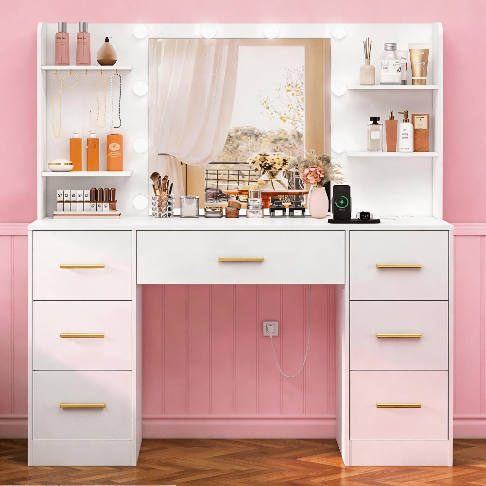 Tocador Grande con Espejo LED Iluminado y Toma de Corriente, Mesa de Maquillaje con 7 Cajones, 4 Estantes y 5 Ganchos, Tocador, Juego de Escritorio de Tocador para Dormitorio, Baño