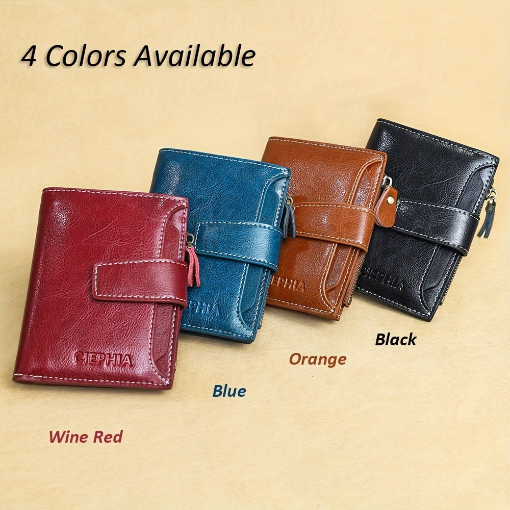 Monedero Ciephia de Cuero Genuino con Bloqueo RFID - Rojo Compacto con Detalles Dorados, 14 Ranuras para Tarjetas, Ventana Extraíble para DNI y Bolsillo con Cremallera para Monedas, Regalo Casual para San Valentín o el Día de la Madre, Apto para Hombres y