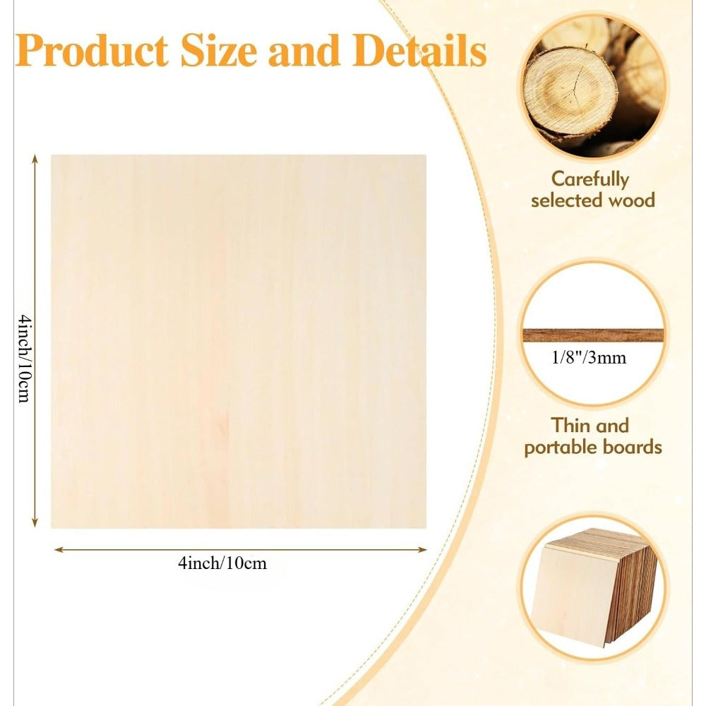 Dofiki 48/98 piezas Madera contrachapada de tilo 100x100x3mm, Madera sin acabado de 3mm para decoración y modelos de corte láser, bocetos, pintura, tallado, carpintería y quema