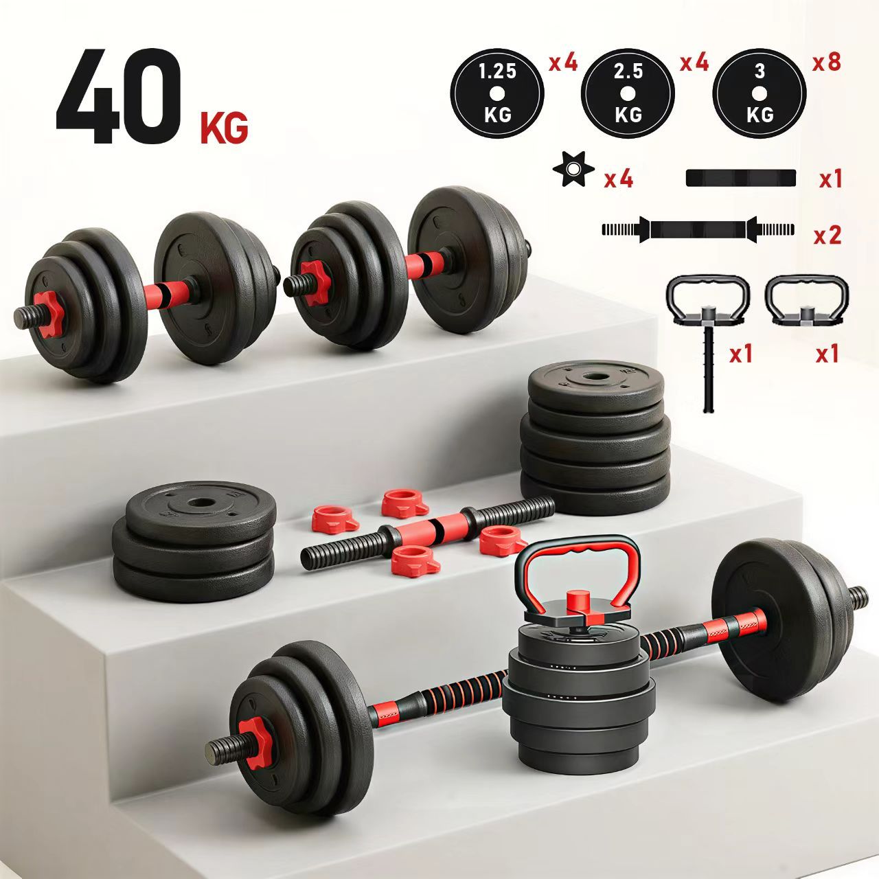 Juego de mancuernas ajustables 2 en 1 de 40 kg. Este juego multifuncional incluye discos para mancuernas, barra de conexión y barra para pesas rusas. Compatible con diversas barras de conexión, ideal para hombres y mujeres.，mancuernas pesadas