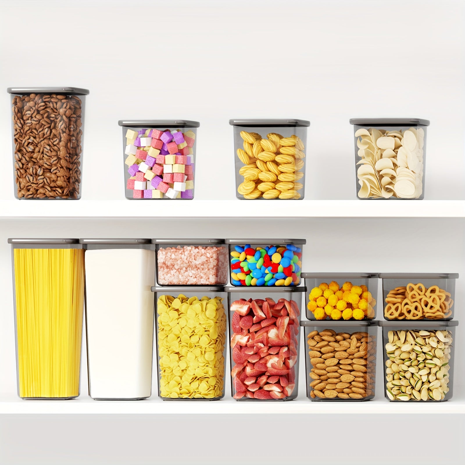 Juego de 52 contenedores de plástico sellados aptos para alimentos - 26 recipientes + 26 tapas | Especial para cereales/harina/granos de café/hojuelas de maíz - Artefacto de almacenamiento de cocina, con tapas