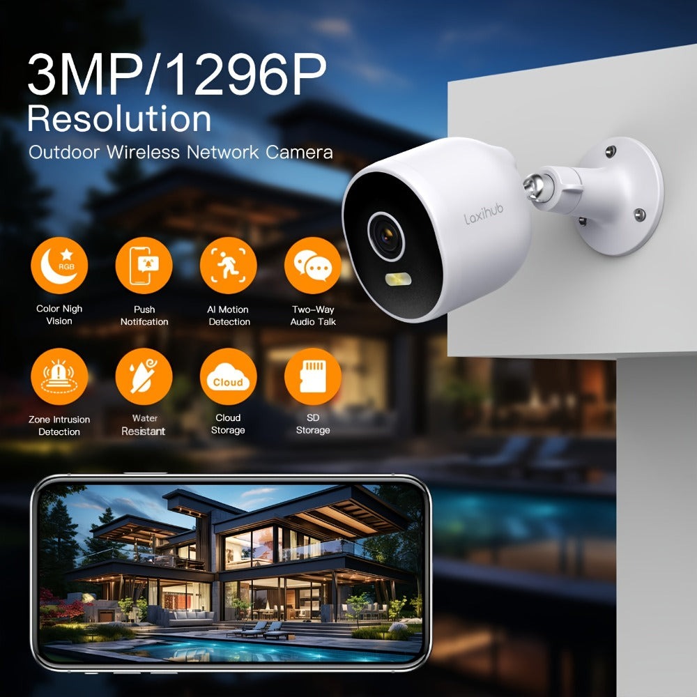 1/2/4 piezas Laxihub 3MP 1296P Cámaras de seguridad Wi-Fi para exteriores, Cámara interior para seguridad del hogar, para vigilancia de puertas domésticas, Audio bidireccional, Almacenamiento en la nube/tarjeta SD, Visión nocturna a todo color, Cámara dig