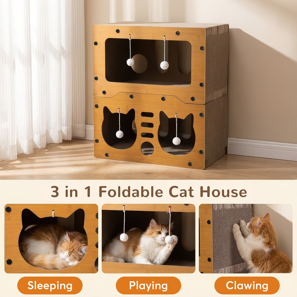 Rascador para gatos | Cama rascadora grande para gatos con juguetes colgantes y cómoda - Cartón duradero, diseño de varios niveles para todos los