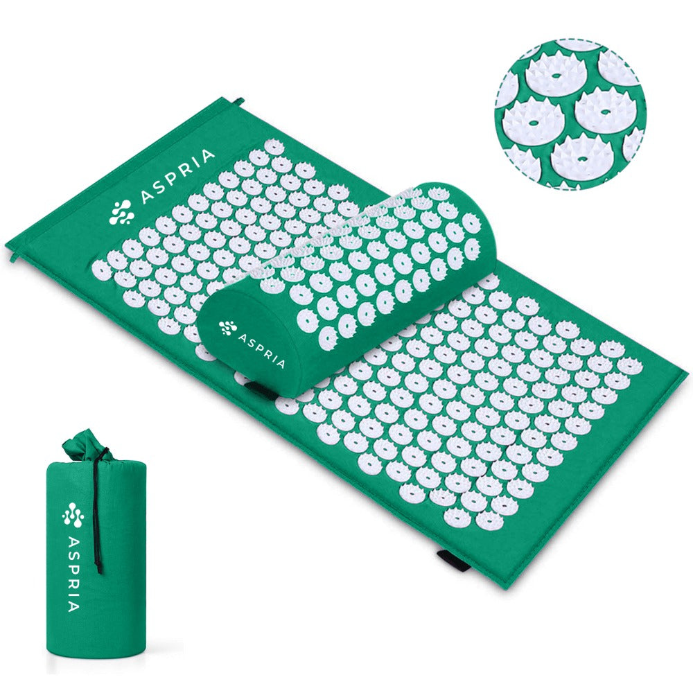 Aspria Set de Acupresión Verde 3/4 Piezas, Colchoneta de Acupresión y Almohada de Acupresión, para que te Relajes Cuerpo y Mente. Colchoneta de Acupresión Verde + Toalla Gruesa + Bolsa de Almacenamiento. MGY-S3-004