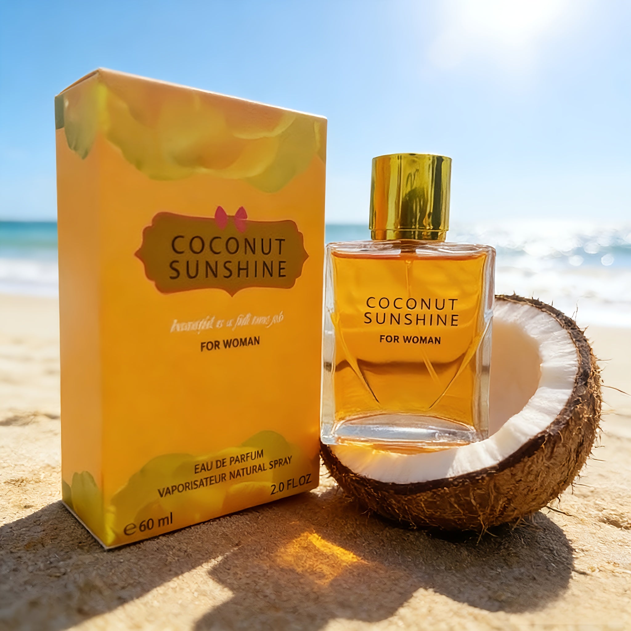 COCONUT SUNSHINE Eau De Parfum para Mujer - Aroma Tropical de Coco y Floral con Vainilla, para Uso Diario y Vacaciones, Perfume de Verano en Botella Amarillo Solana