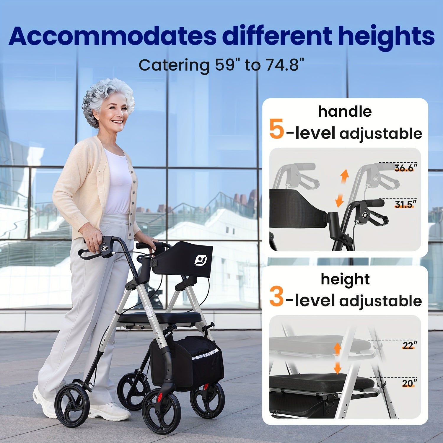 Andador rollator plegable con asiento 136.08 kg 20.32 cm | Movilidad, paseo y apoyo diario