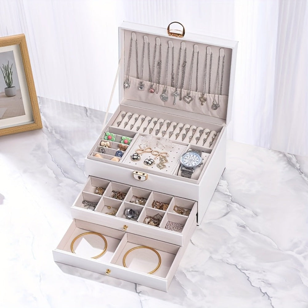 Joyero de tres capas de terciopelo y piel sintética, compacto y portátil para guardar aretes, anillos, collares y otros suministros para hacer joyas