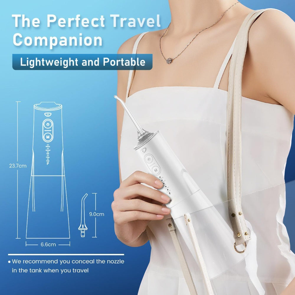 Irrigador bucal portátil recargable, hilo dental con agua para dientes, irrigador dental inalámbrico profesional 8 boquillas 5 modos, IPX7 a prueba de agua 300ML para limpiar los dientes, hogar y viaje