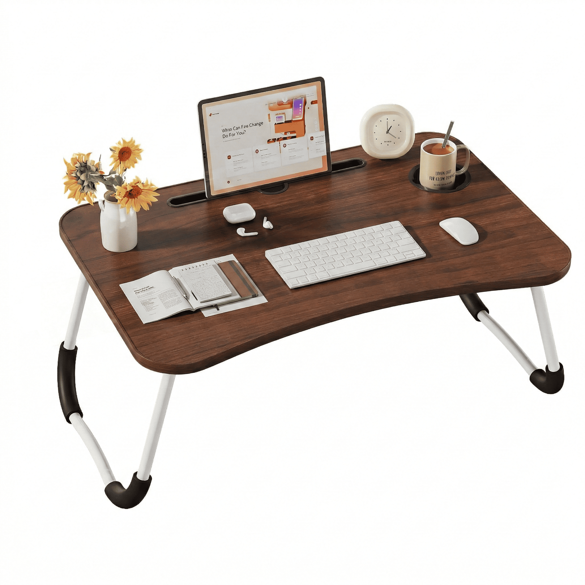 Mesa plegable multifunción para cama y sofá con portavasos, 60×40×28 cm, mesa auxiliar con atril para leer en la cama, bandeja multifunción para ordenador, libros, trabajo y estudio en casa (con cajón / sin cajón)