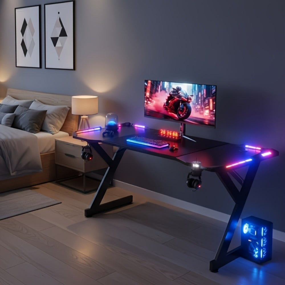 Escritorio gaming resistente en forma de Y con luces LED RGB duales, mesa de ordenador con portavasos y gancho para auriculares, superficie ergonómica de fibra de carbono, mesa para gamers para oficina en casa, dormitorio, negro