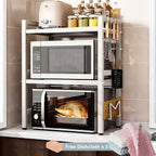 Estante Extensible para Microondas de 3 Niveles con 6 Ganchos, 3 Toallas, Porta Palillos, Porta Tablas de Cortar, Estante para Especias, Organizador de Cocina, Blanco y , Extensible de 40cm a 64cm