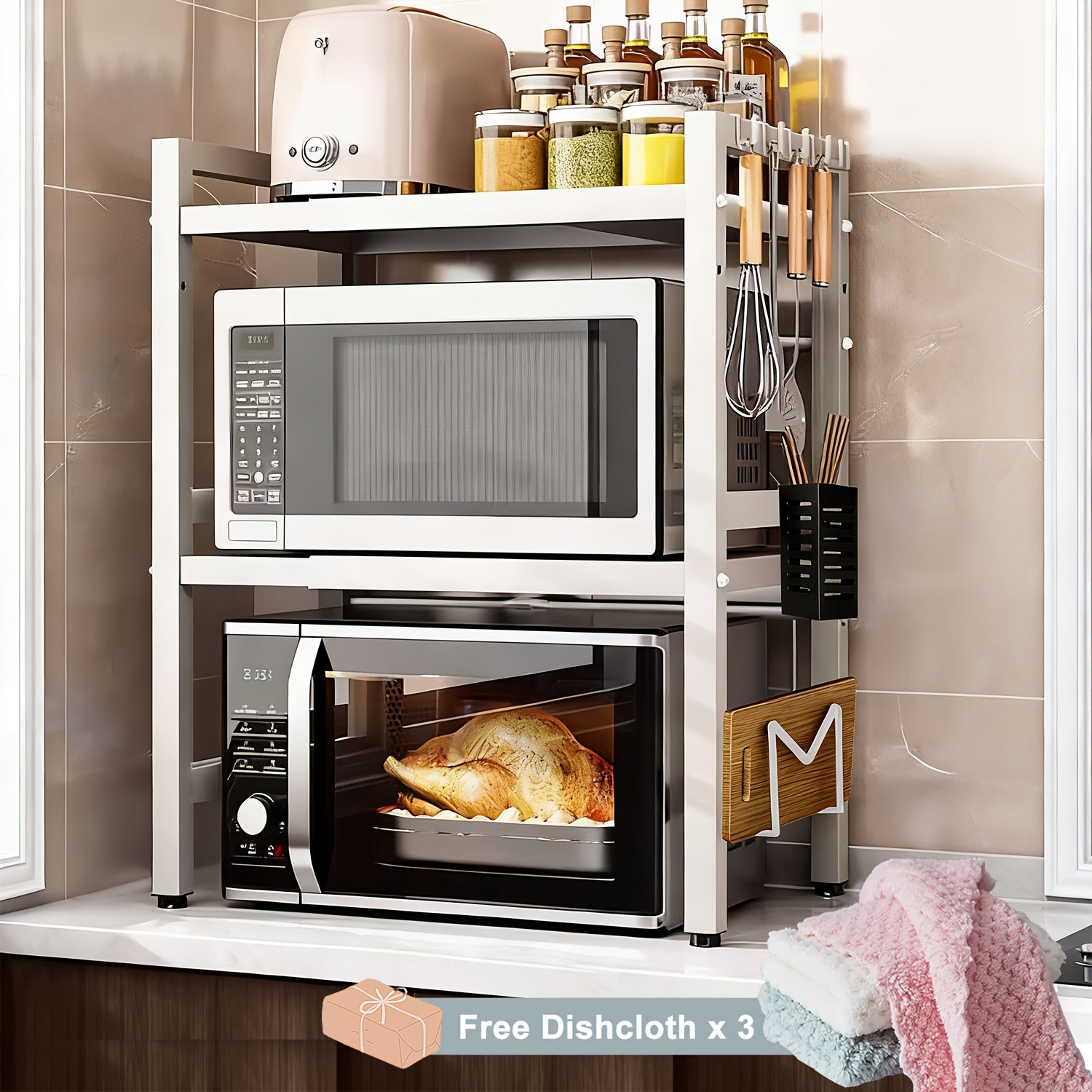 Estante Extensible para Microondas de 3 Niveles con 6 Ganchos, 3 Toallas, Porta Palillos, Porta Tablas de Cortar, Estante para Especias, Organizador de Cocina, Blanco y , Extensible de 40cm a 64cm