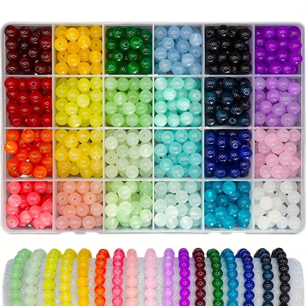 Set de 1200+ Piezas de Cuentas de Vidrio y Cristal de 8Mm, Surtido de 56 Colores Vibrantes, Cuentas Redondas Sueltas para Hacer Joyas, Pulseras, Collares y Aretes, Suministros para Manualidades, Material Seguro Conforme a las Normas Europeas, Ideal para P