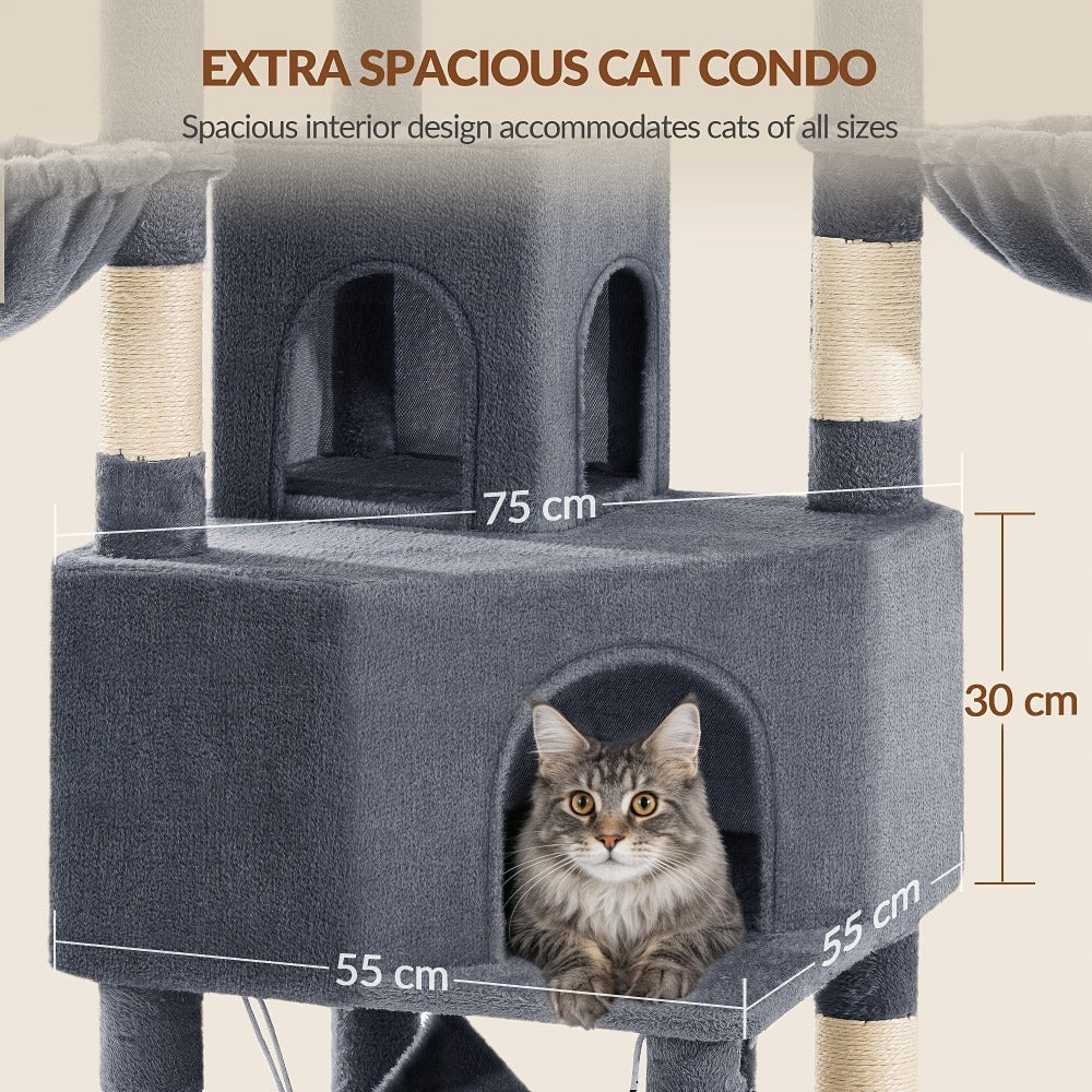 Árbol para gatos de 220 cm de varias capas con 3 casitas para gatos, 3 plataformas, 3 hamacas, 8 postes de sisal, 1 bola de pelo y 1 cuerda de sisal