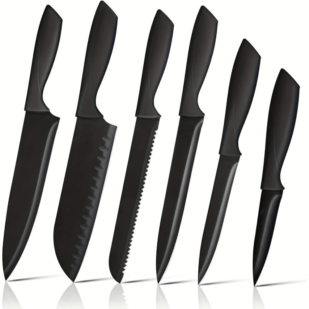 Juego de Cuchillos 6 piezas Negro, Juego de Cuchillos de Chef con Hojas Afiladas, Recubrimiento Antiadherente, Mango de Fácil Agarre, Negro