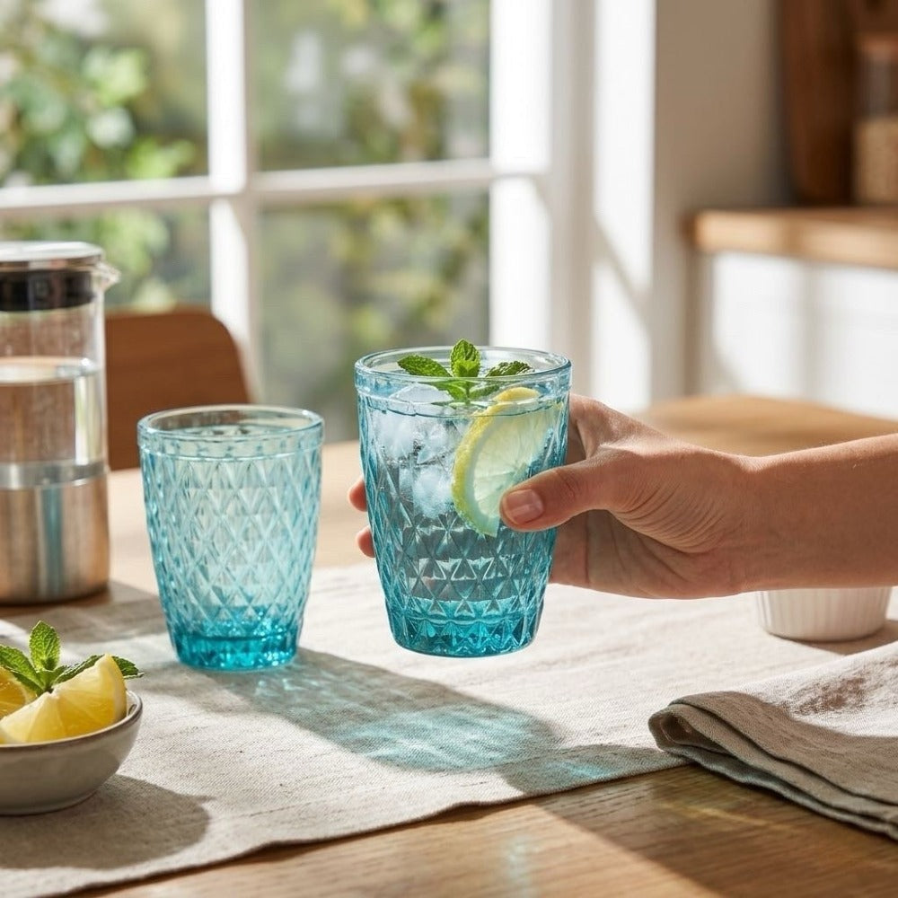 TRESV Set de 6 Vasos de Cristal 250ml | Diseño de Diamante Elegante | Aptos para Lavavajillas | Vidrio Sin Plomo para Agua y Refrescos