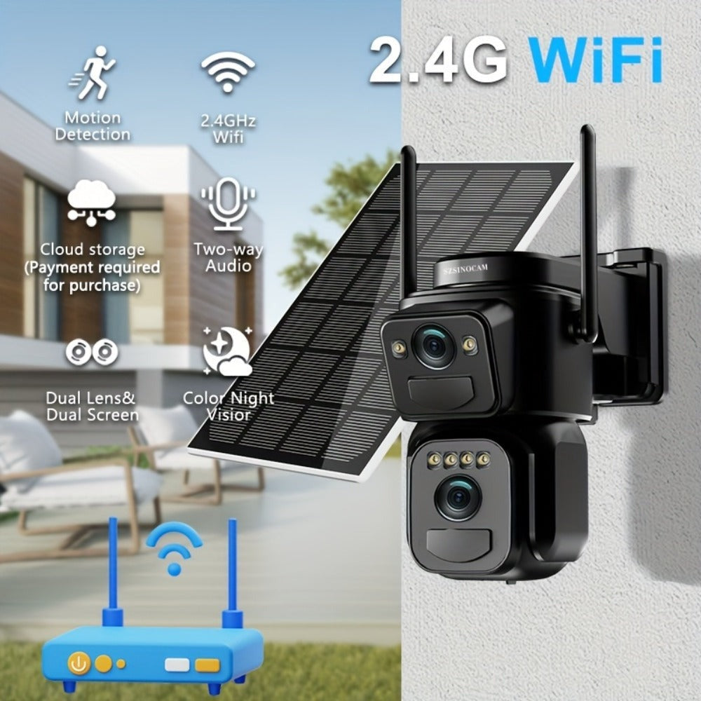 1pc [8x Zoom] WiFi CCTV, Nueva Lente Dual 2025 – PTZ + Cobertura Fija – Baby Monitor, Montaje en Techo/Mástil, 360° Smart Automático Seguimiento Humano, Listo para Granjas y Familias, Sin Zonas Ciegas – 2 Lentes al Precio de 1, Cámara de Seguridad Solar W
