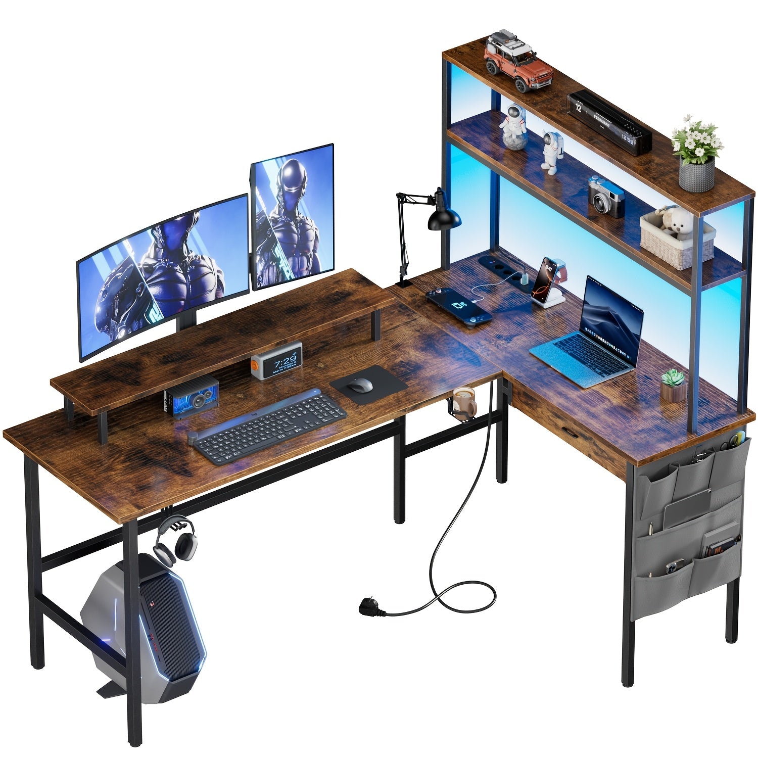 Escritorio de Esquina Reversible para Juegos con Toma de Corriente, Escritorio en L con Esquina Abatible, Escritorio Ergonómico con Estantes de Almacenamiento, Cajones y Bolsas, Escritorio de Esquina con Soporte para Monitor, Oficina en Casa