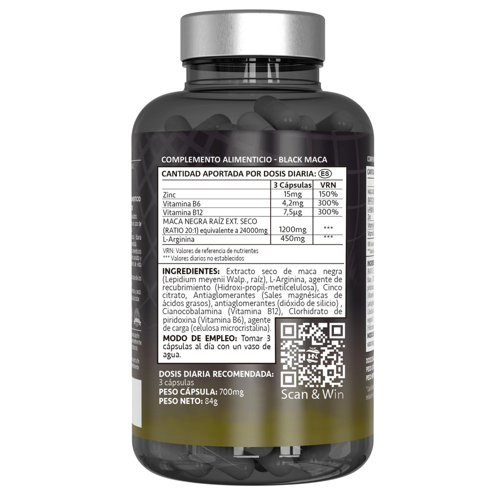 HN - Healthy Nutrition Maca Negra Andina con L-Arginina y Zinc – Suplemento con Vitaminas B6 y B12 – 120 Cápsulas Vegetales