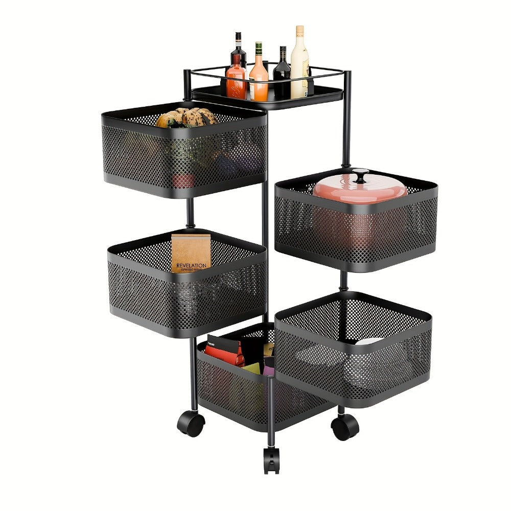Carro Giratorio de Cocina de 5 Niveles con Ruedas, Unidad de Estantería Móvil de Marco Metálico Grande, Ideal para Despensa, Portafrutas, Verduras, Ahorrador de Espacio para Uso Doméstico o Comercial, Estante de Pie