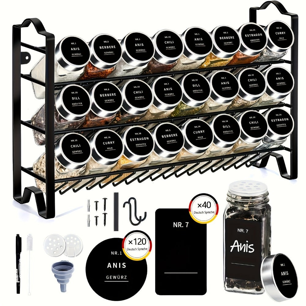 SAEIV Estante Vertical para Especias con Frascos, Un Estante de Pared Dorado de 3 Niveles para Especias con 24 Frascos de Especias de 120ml, Equipado con Etiquetas Impermeables y a Prueba de Aceite, Embudos, Bolígrafos y Caja de Almacenamiento de Especias
