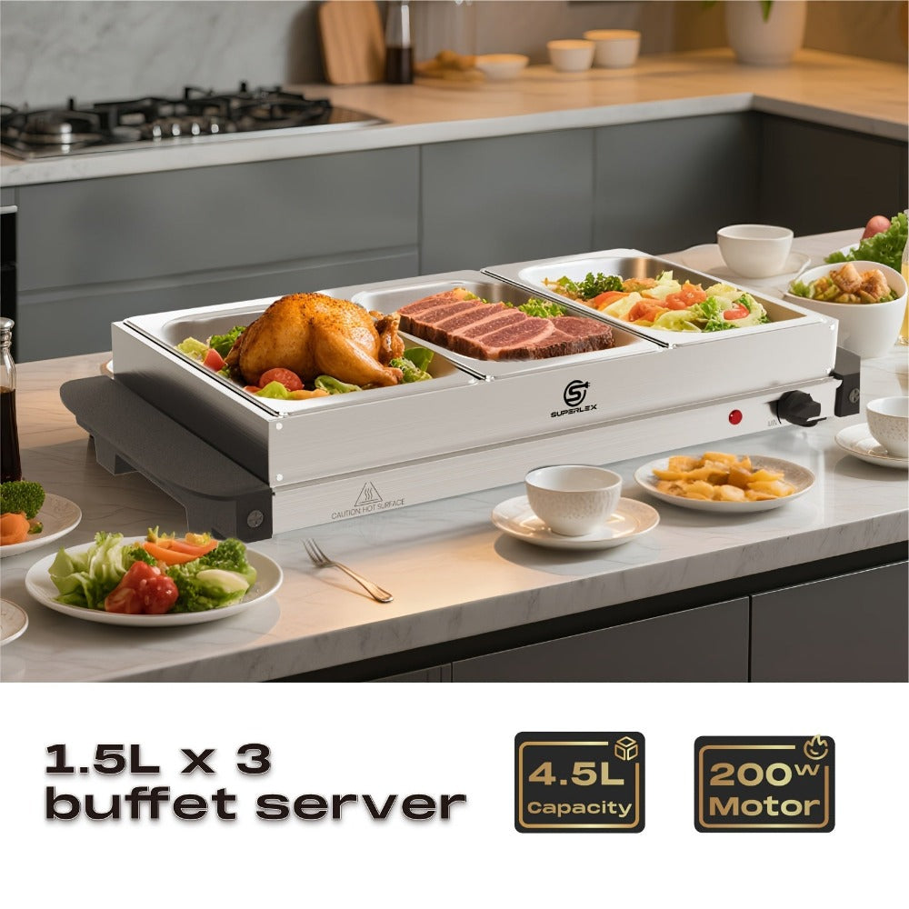SUPERLEX Servidor Eléctrico de Bufé con Calentador de Comida, que Cuenta con Tres Ollas de 1.5L, un Diseño Espacioso de Acero Inoxidable, una Placa Caliente con Tapas Desmontables, Ajustes de Temperatura Ajustables y un Bandeja de Calentamiento Portátil p
